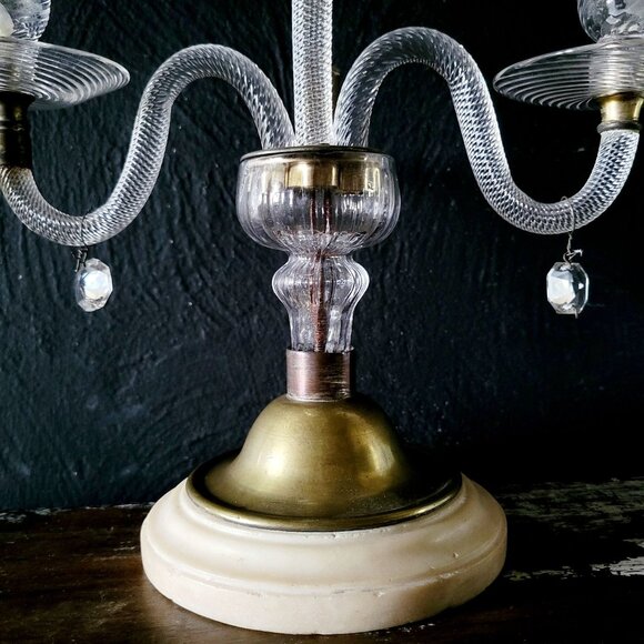 Antique Blown Glass and Brass Two-Arm Candelabra with Marble Base - Picture 6 of 9